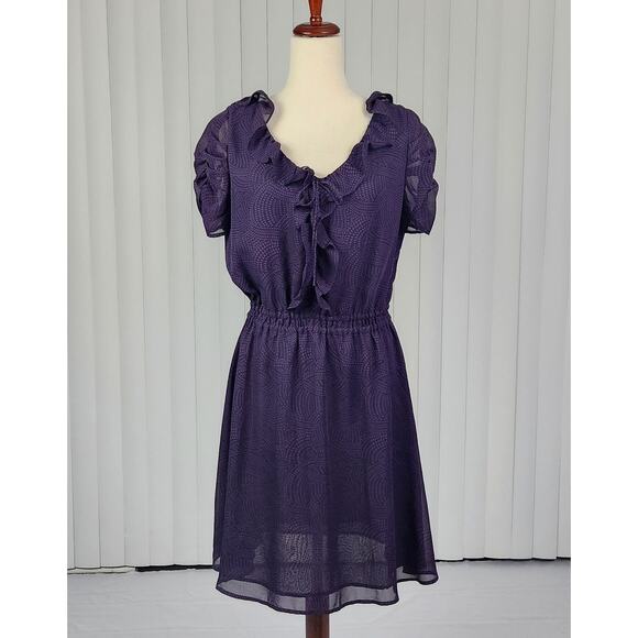 Gap Ruffled Sheer Knee Length Dress V-Neck Ruche Short Sleeve Purple Medium - Picture 1 of 10